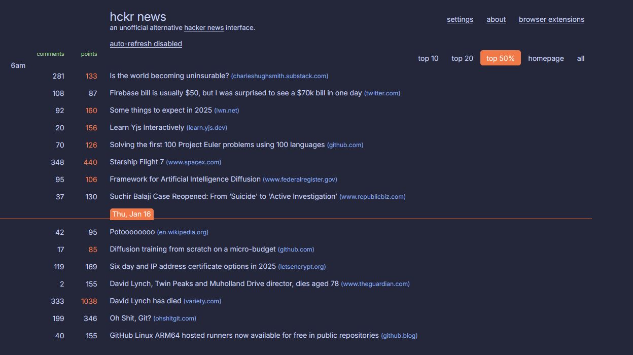 Screenshot of hckrnews Dark Theme (Catppuccin)