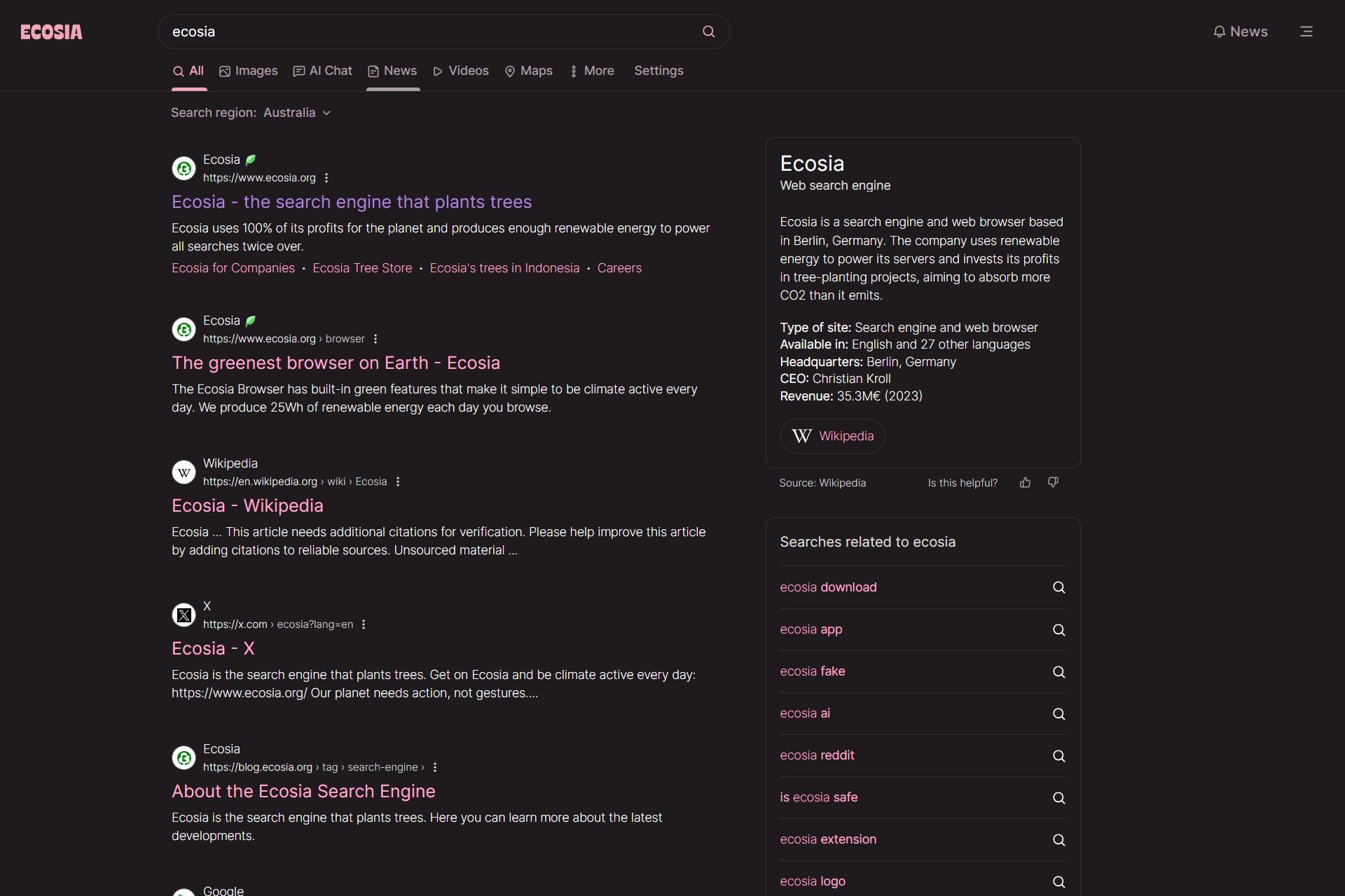 Screenshot of Pink Ecosia