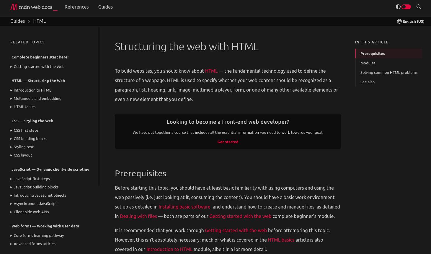 Screenshot of Mozilla Developer Network - dark theme