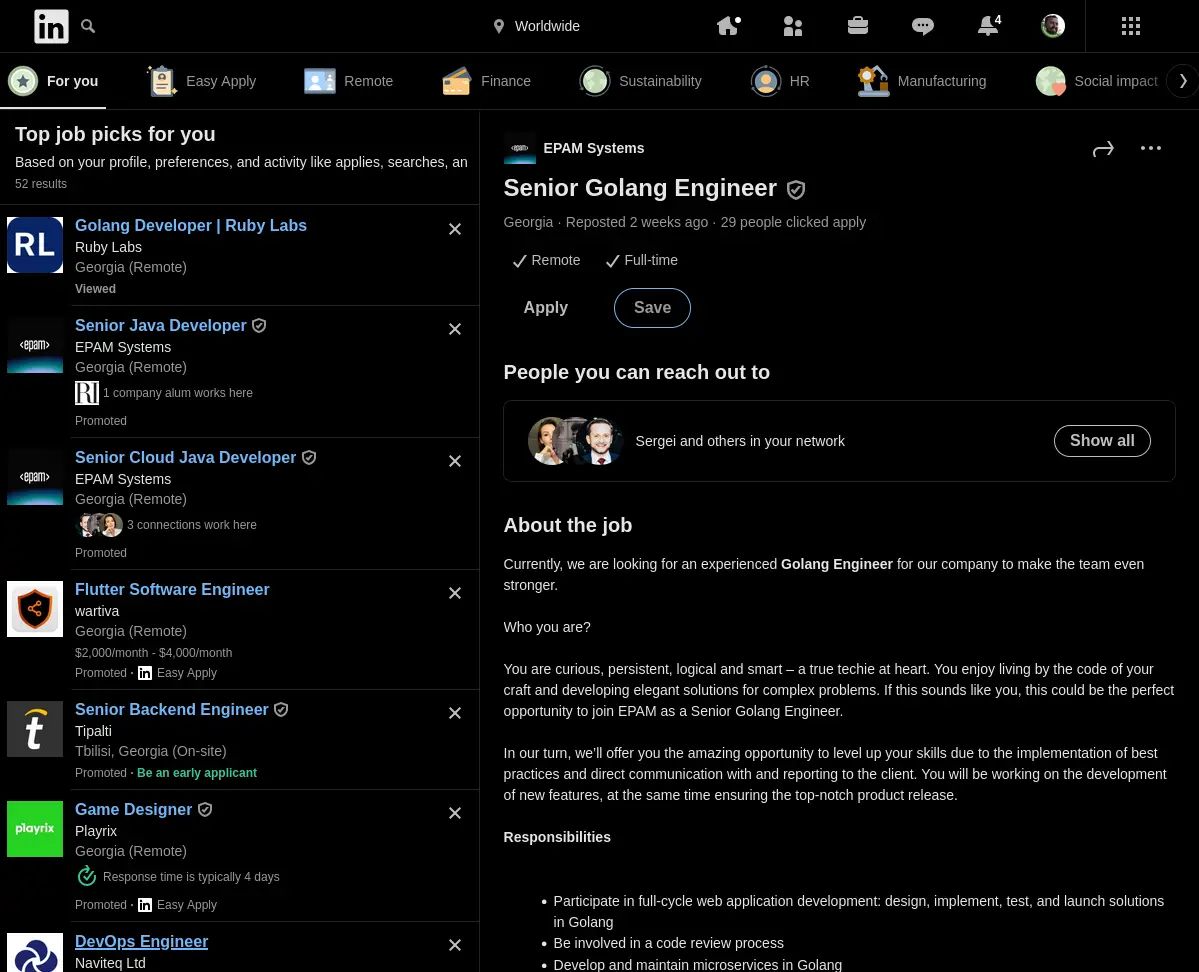 Screenshot of linkedin.com: wide, black, without premium ad