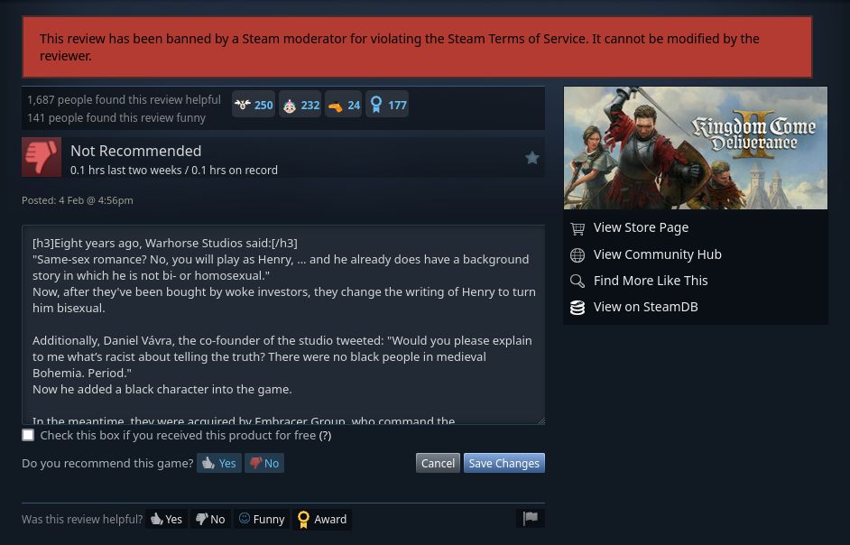 Screenshot of Steam - unhide banned reviews