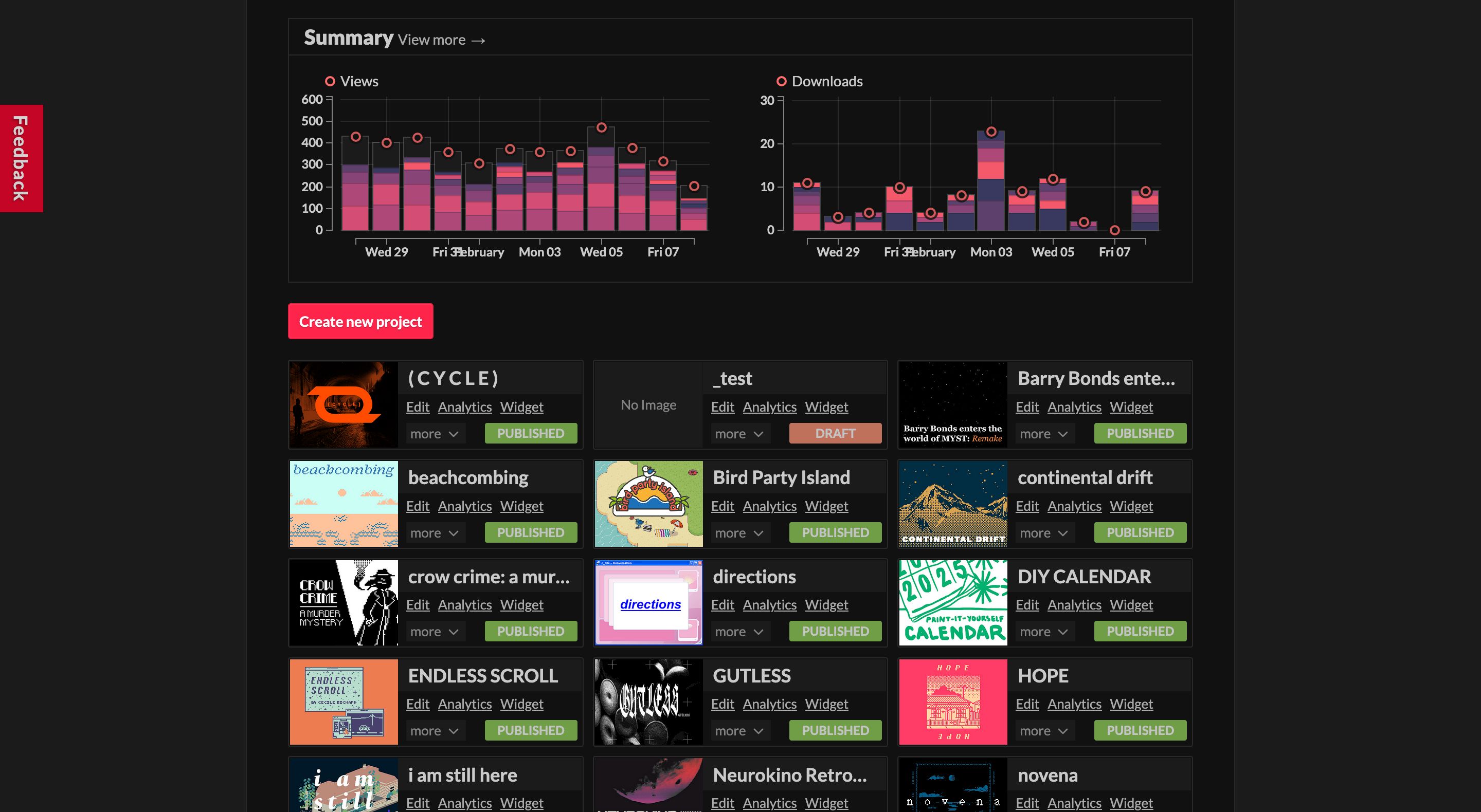 Screenshot of Scratch - Dashboard Grid View for itch.io