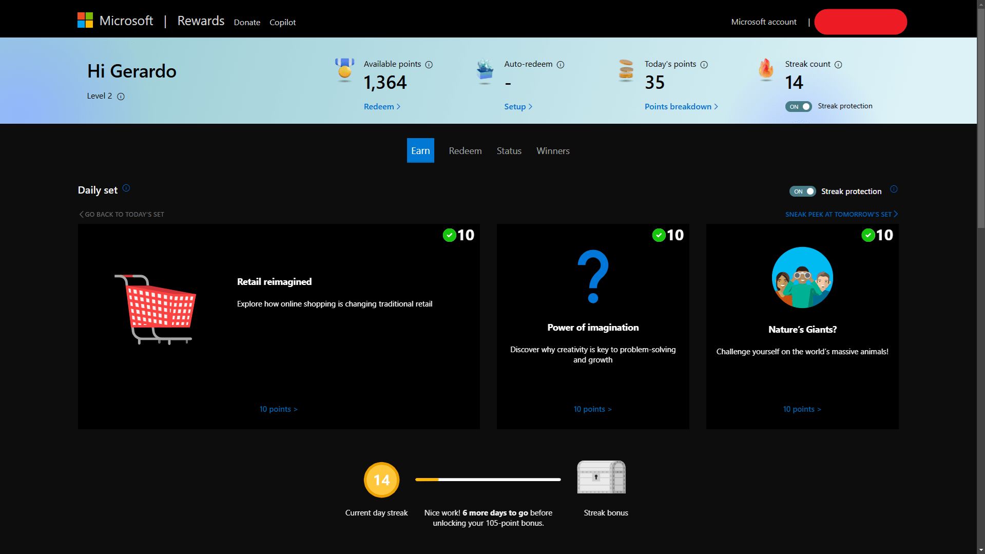 Screenshot of Dark Microsoft Rewards