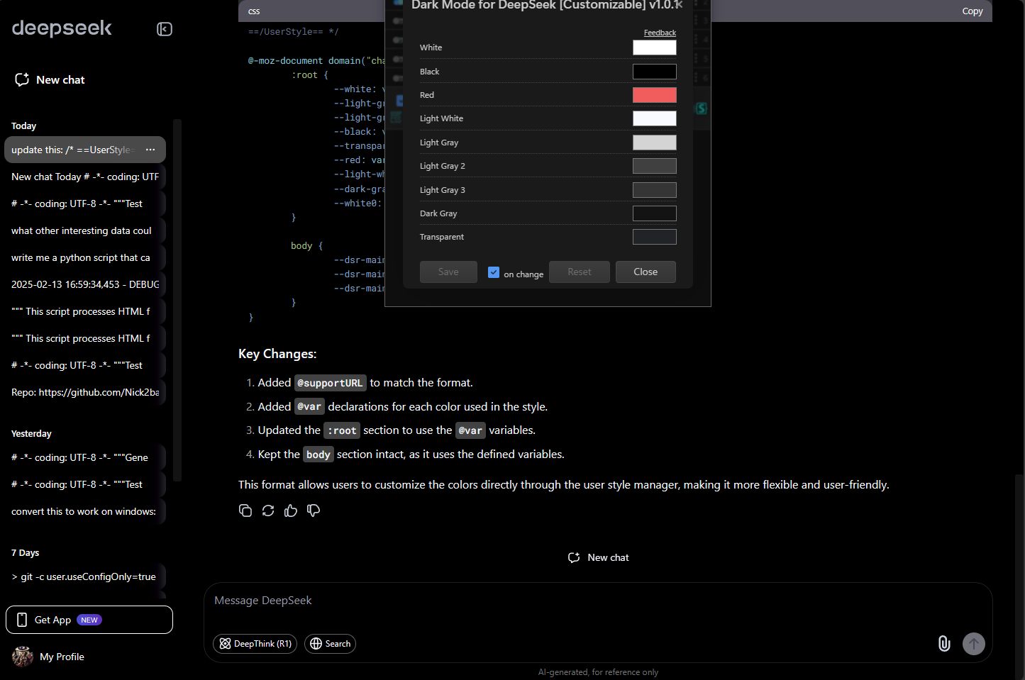 Screenshot of Dark Mode for DeepSeek [Customizable]