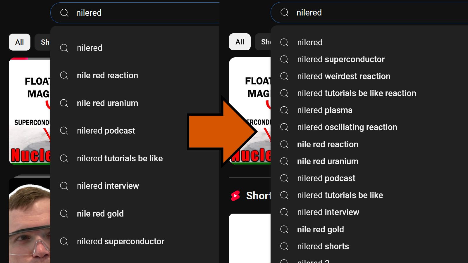 Screenshot of Revert YouTube search suggestions size