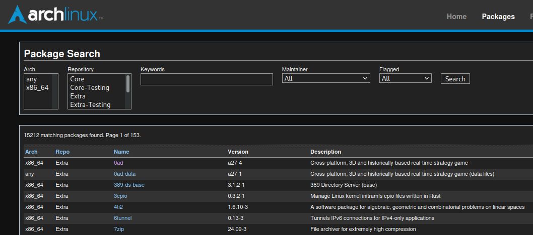 Screenshot of Arch packages - Dark