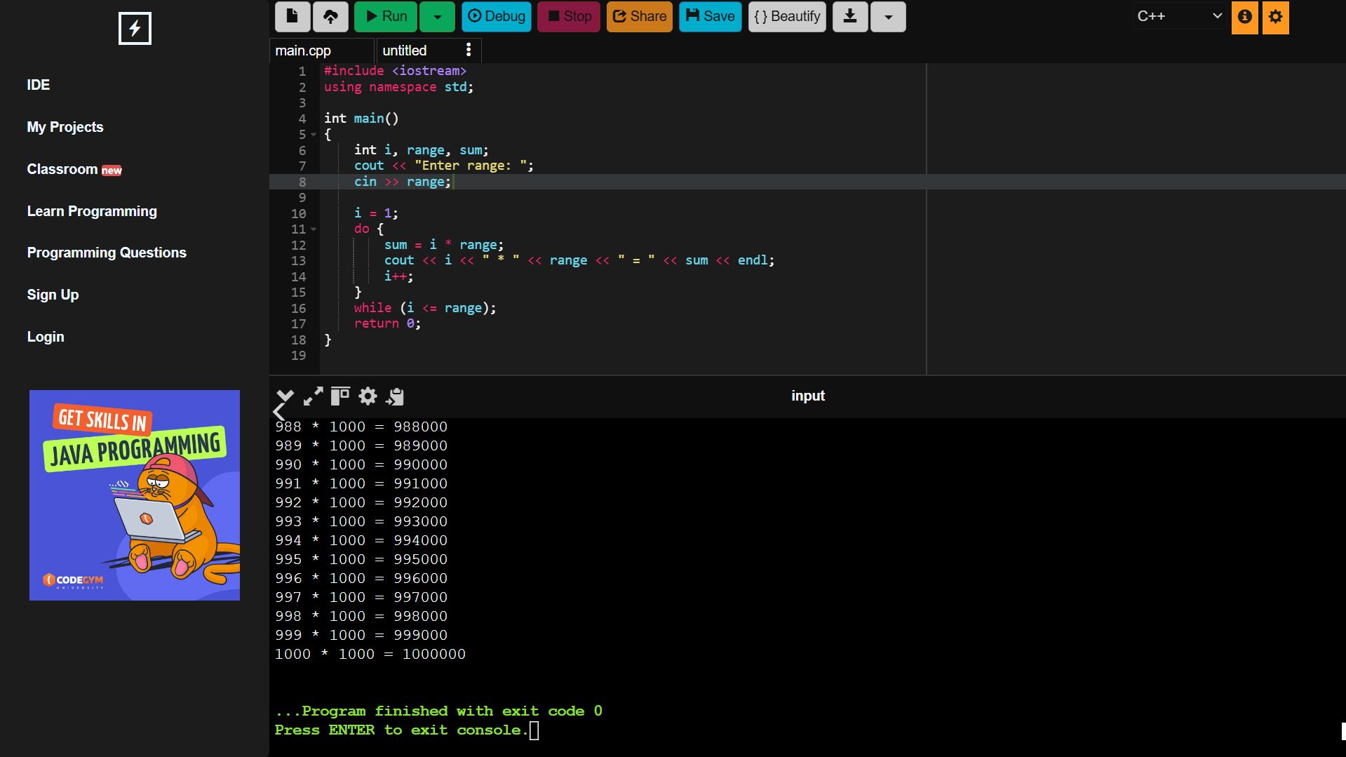 Screenshot of monokai theme for onlinegdb