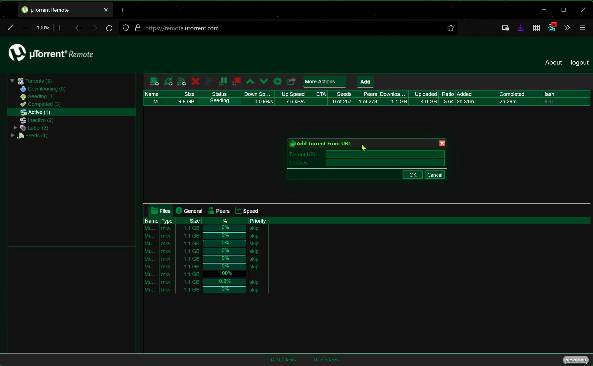 Screenshot of uTorrent remote dark green