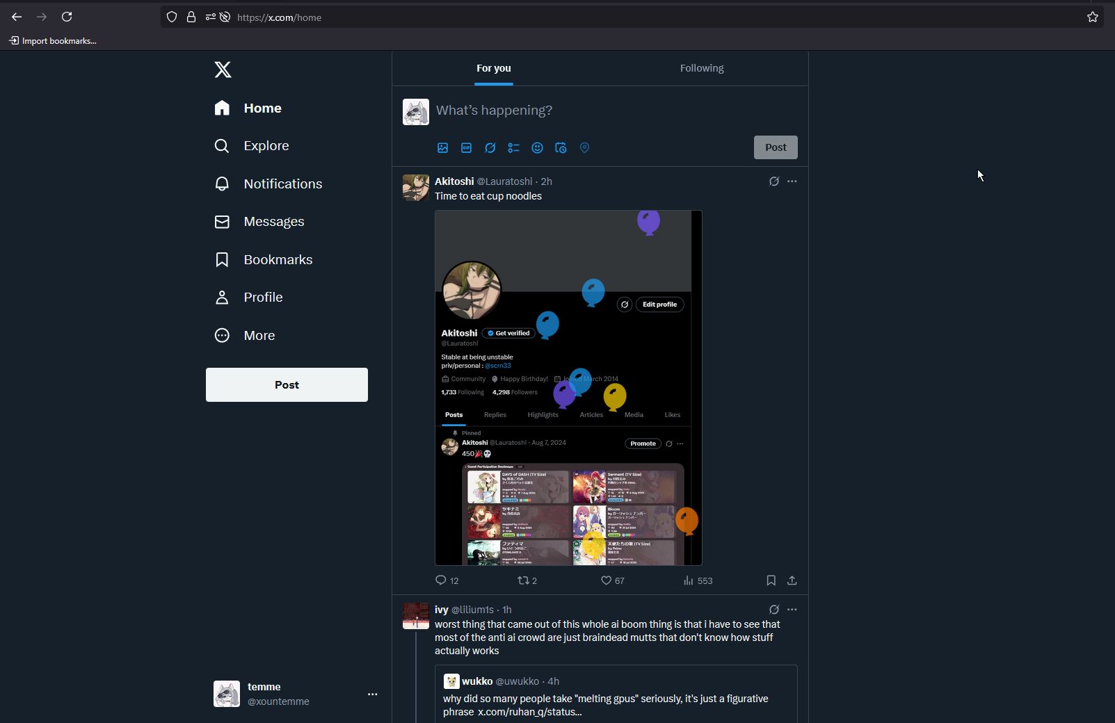 Screenshot of just how "xountemme" likes it