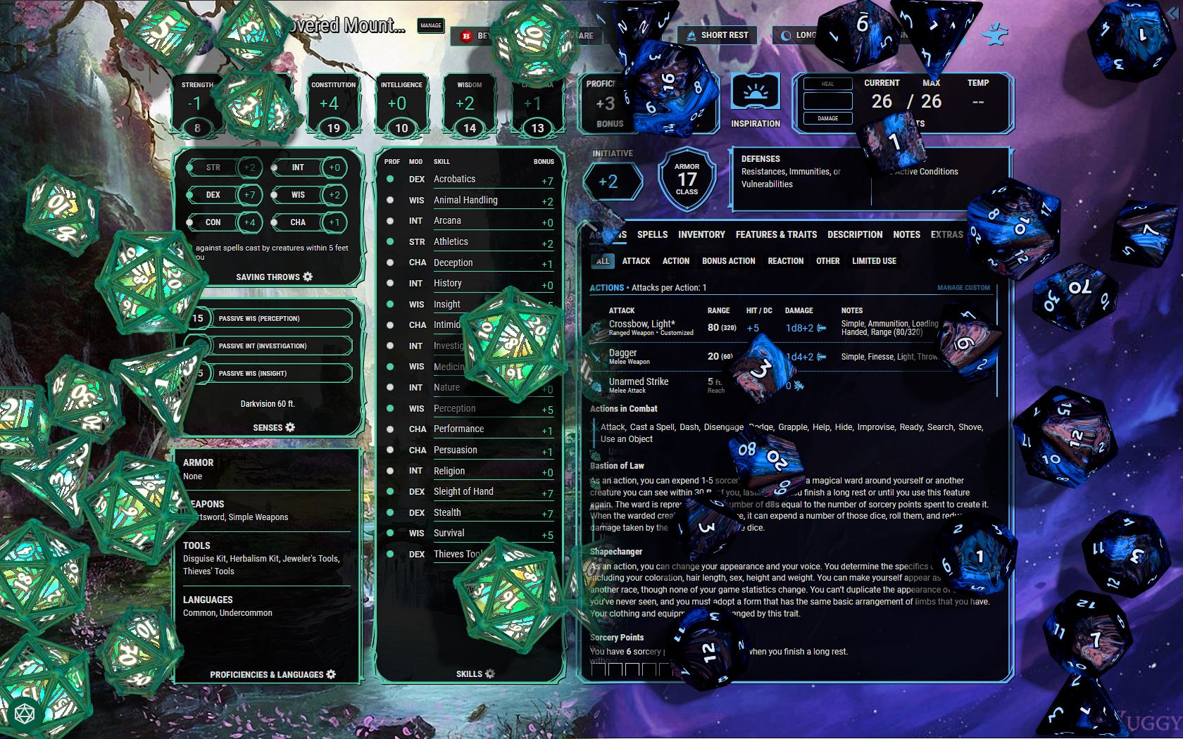 Screenshot of DNDBeyond Character Sheet Dice and Dark