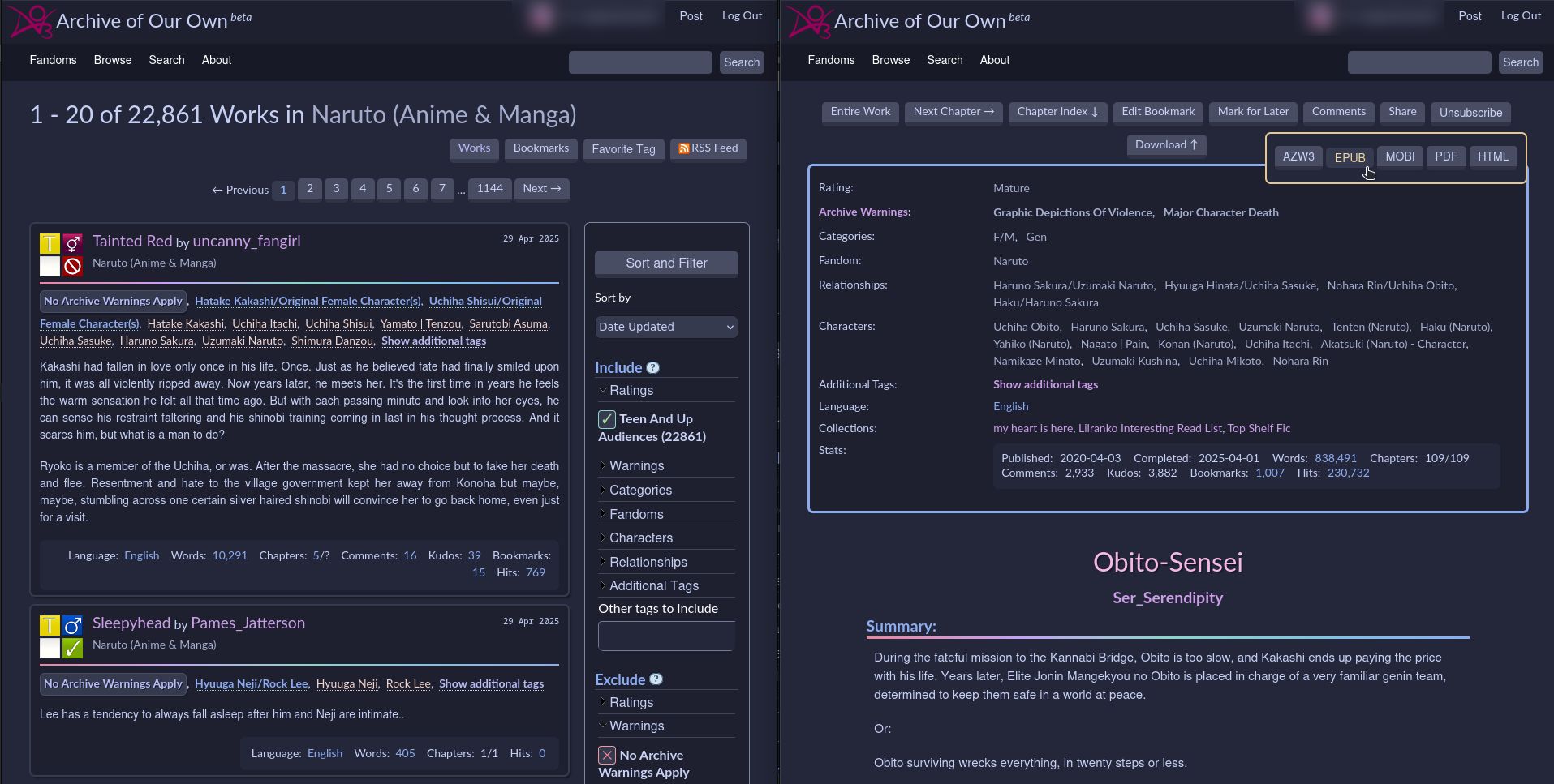Screenshot of Ao3 Cattpuccin Macchiato Theme (Version 2)
