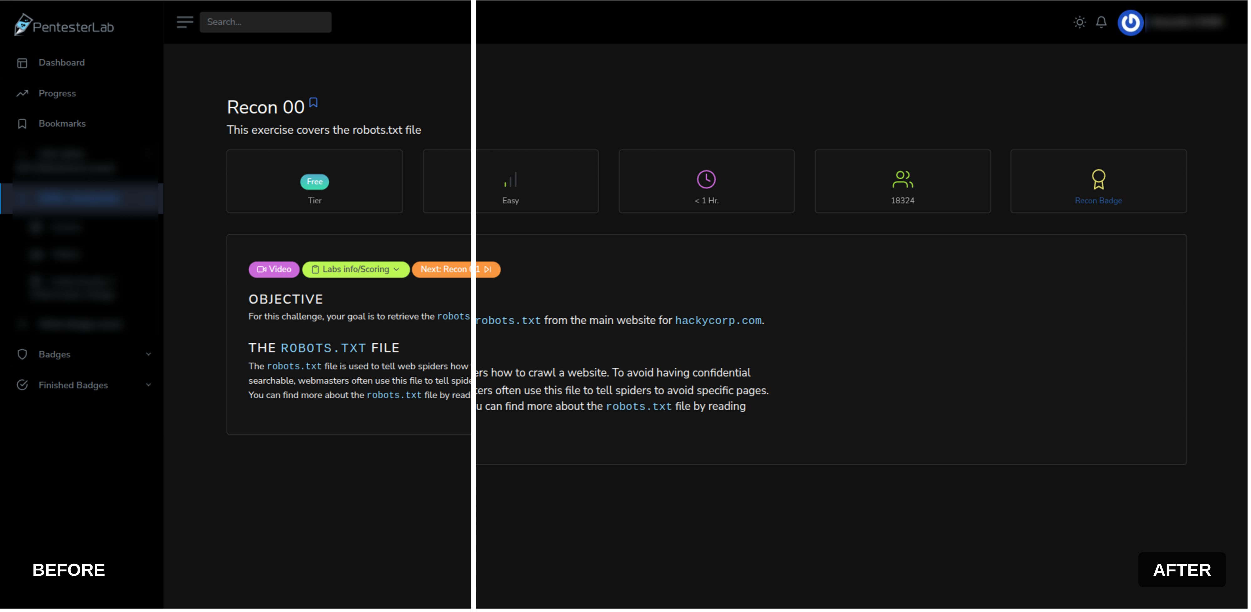 Screenshot of PentesterLab exercises content bigger font