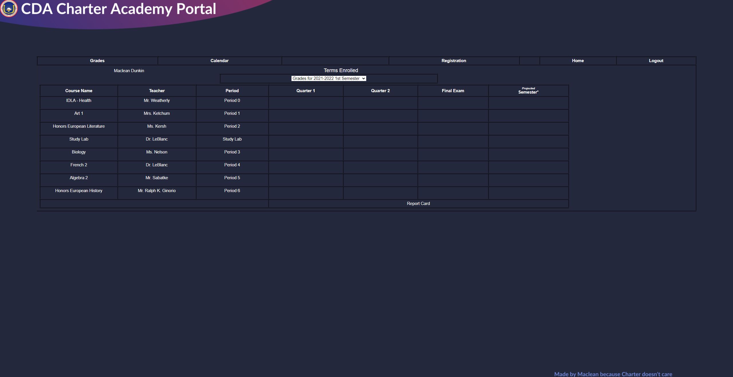 Screenshot of Comfy CDA Charter Academy Grade Portal
