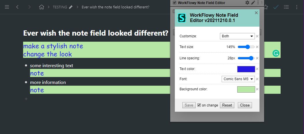 Screenshot of WorkFlowy Note Field Editor