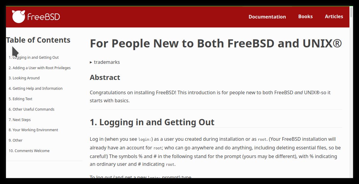 Screenshot of FreeBSD documents: tables of contents to the left