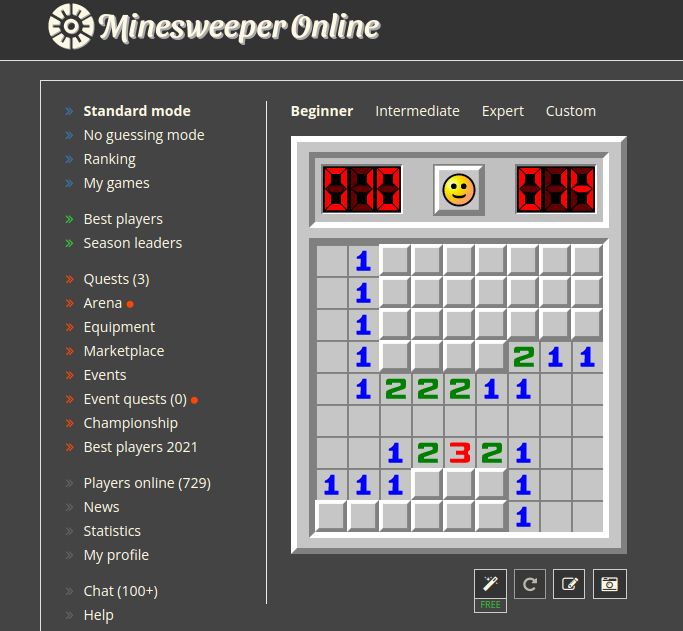Screenshot of Minesweeper.online dark theme (unskinned board)