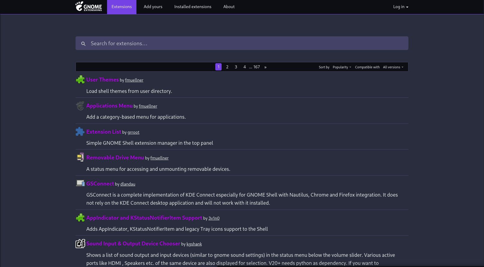 Screenshot of extensions.gnome.org - dark theme