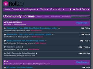 Screenshot of Roll20 Community Wiki Dark Mode