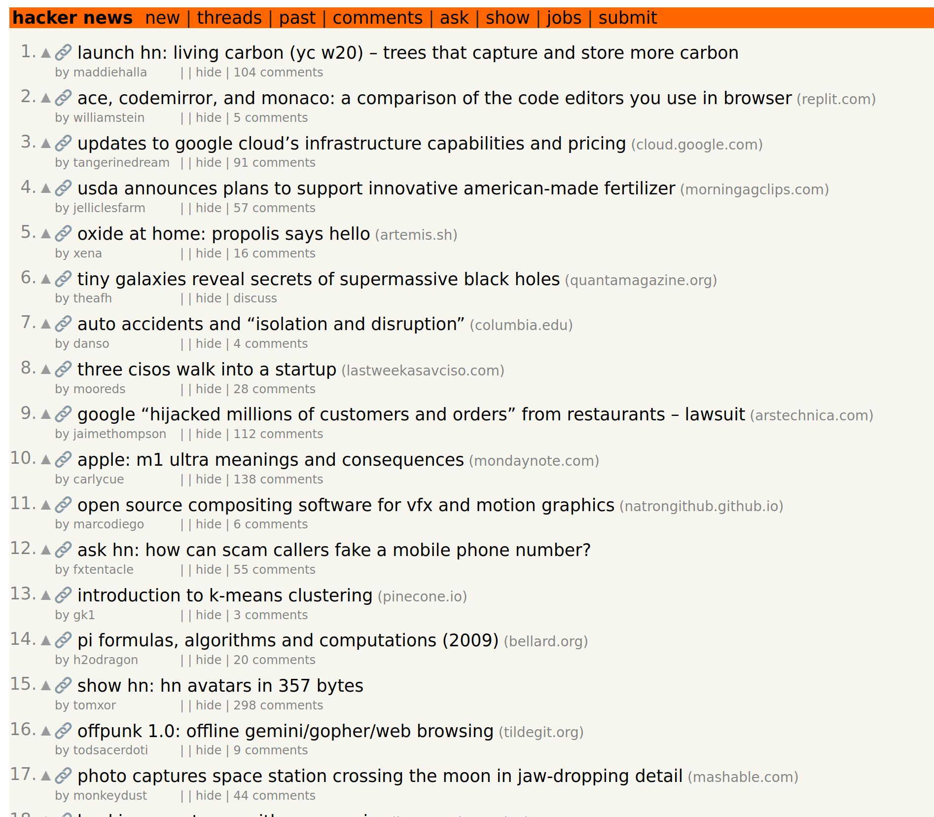 Screenshot of streamlined hacker news