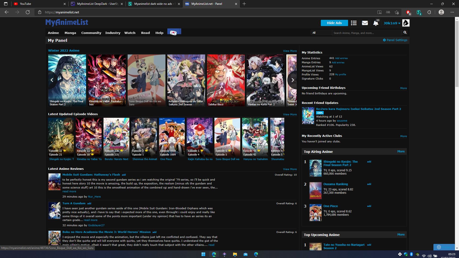 Screenshot of Myanimelist dark wide updated 2024