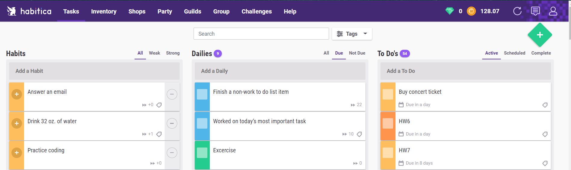 Screenshot of Habitica Task View