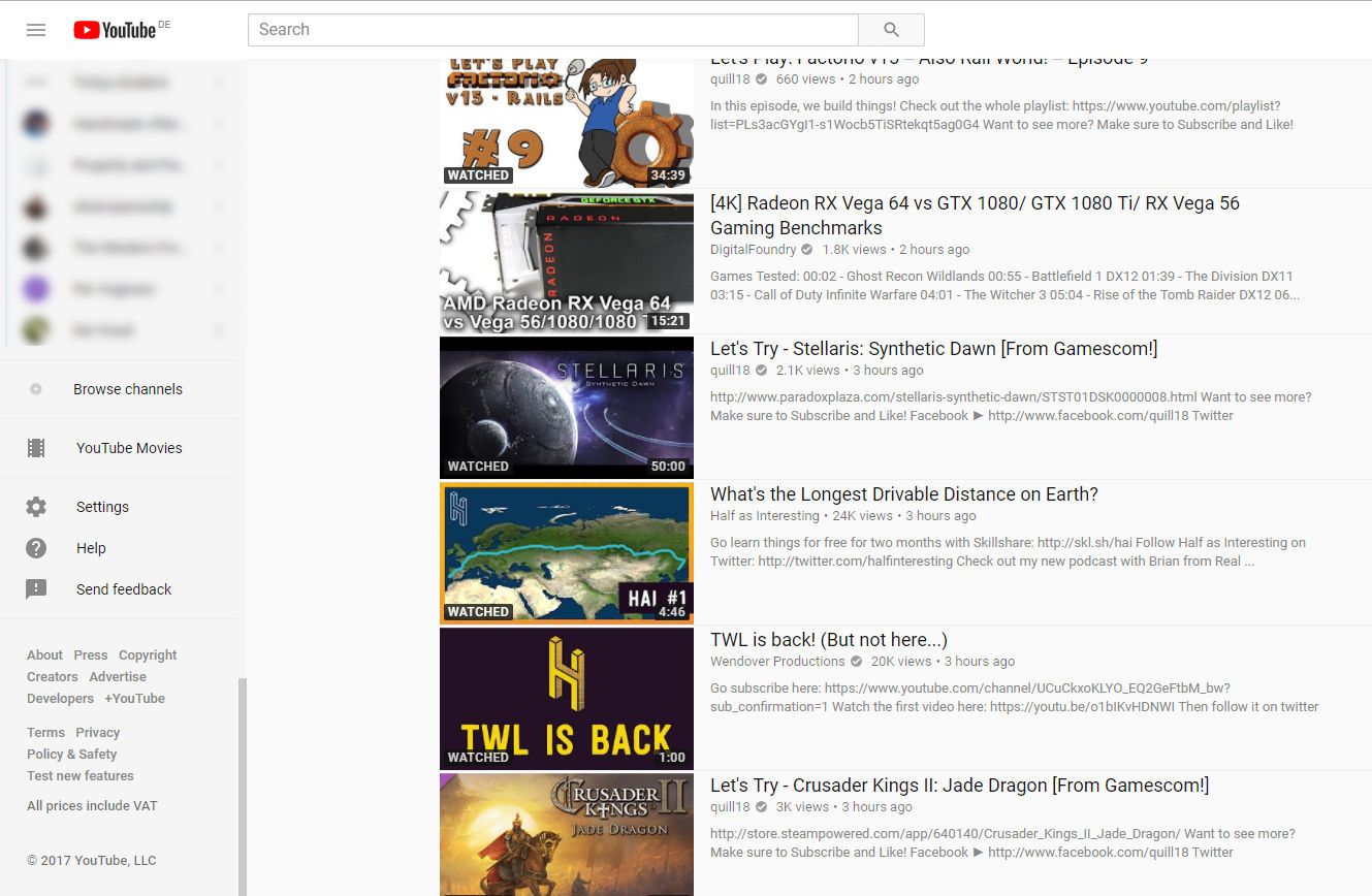 Screenshot of Snug Youtube Subscriptions List