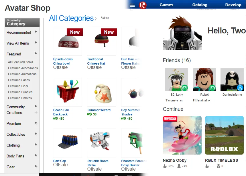 Roblox Catalog and Develop dropdown menu