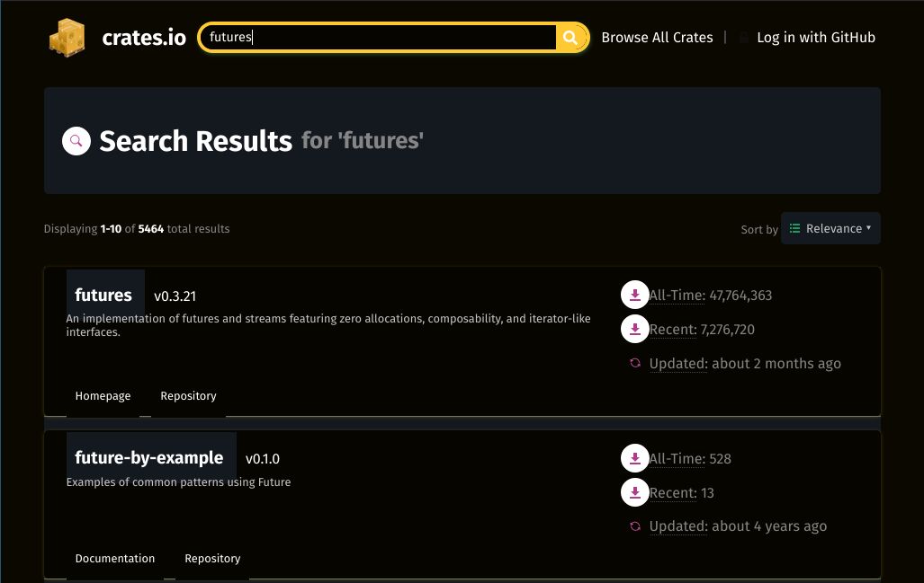 Screenshot of crates.io Dark