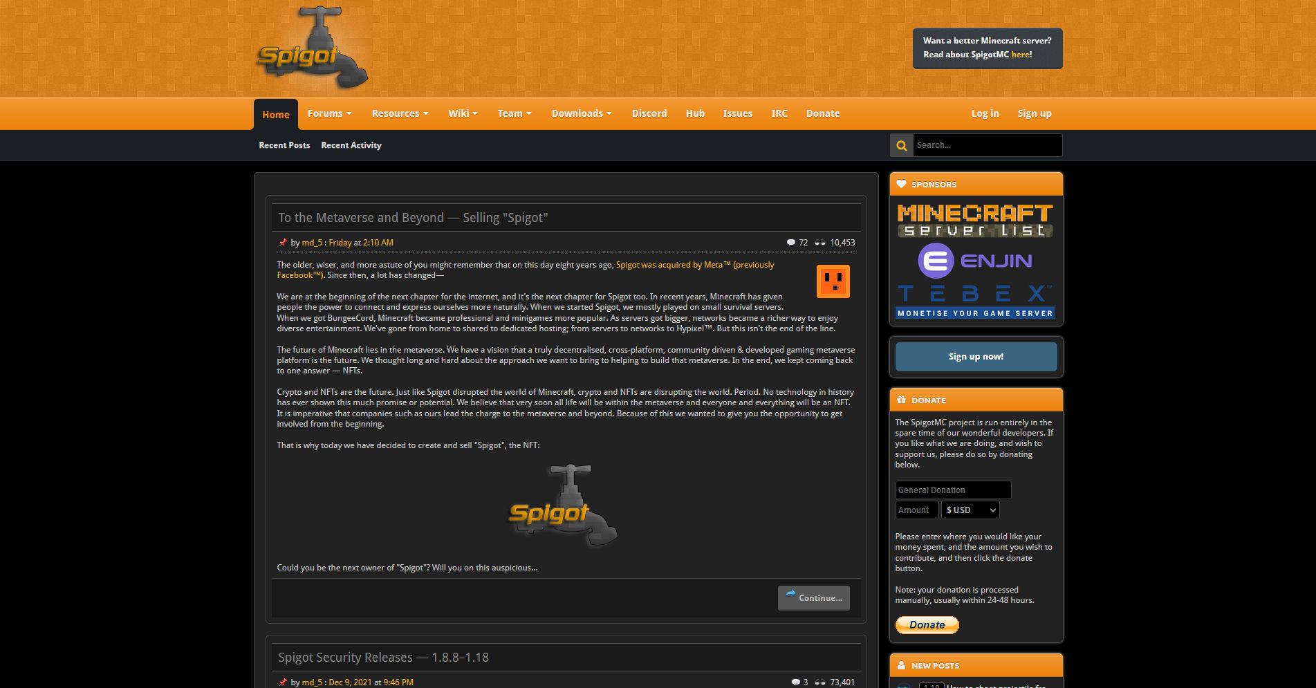 Screenshot of SpigotMC NewDark