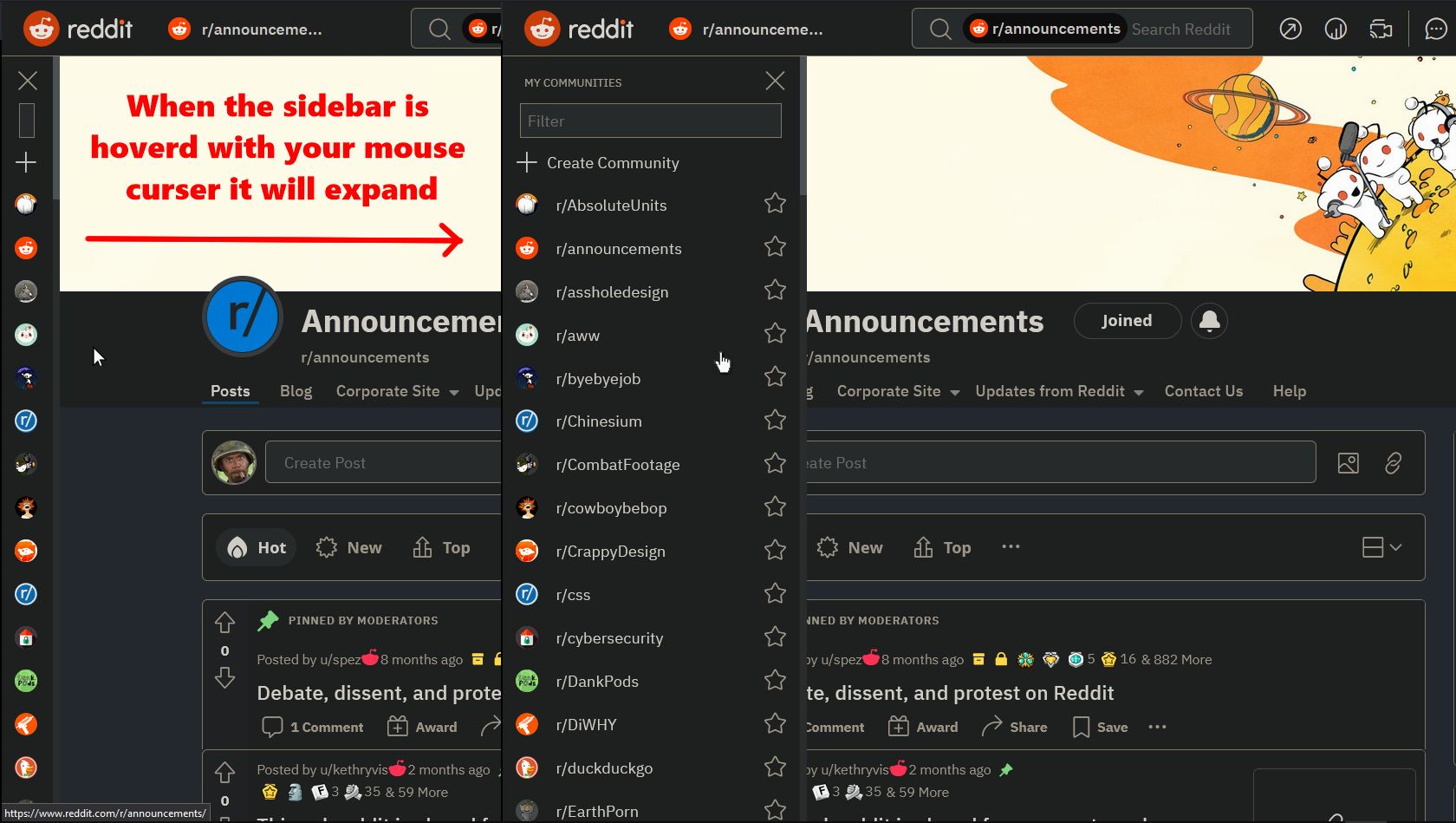 Screenshot of Reddit sidebar autohide