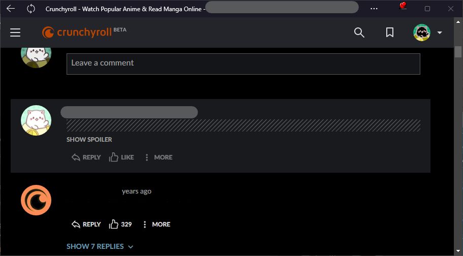 Screenshot of beta.crunchyroll.com - fix your comment-as icon when using experimental dark mode, mode #1