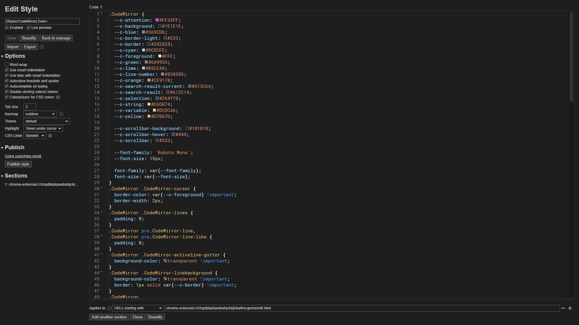 Screenshot of Stylus - Dark+ (CodeMirror theme)