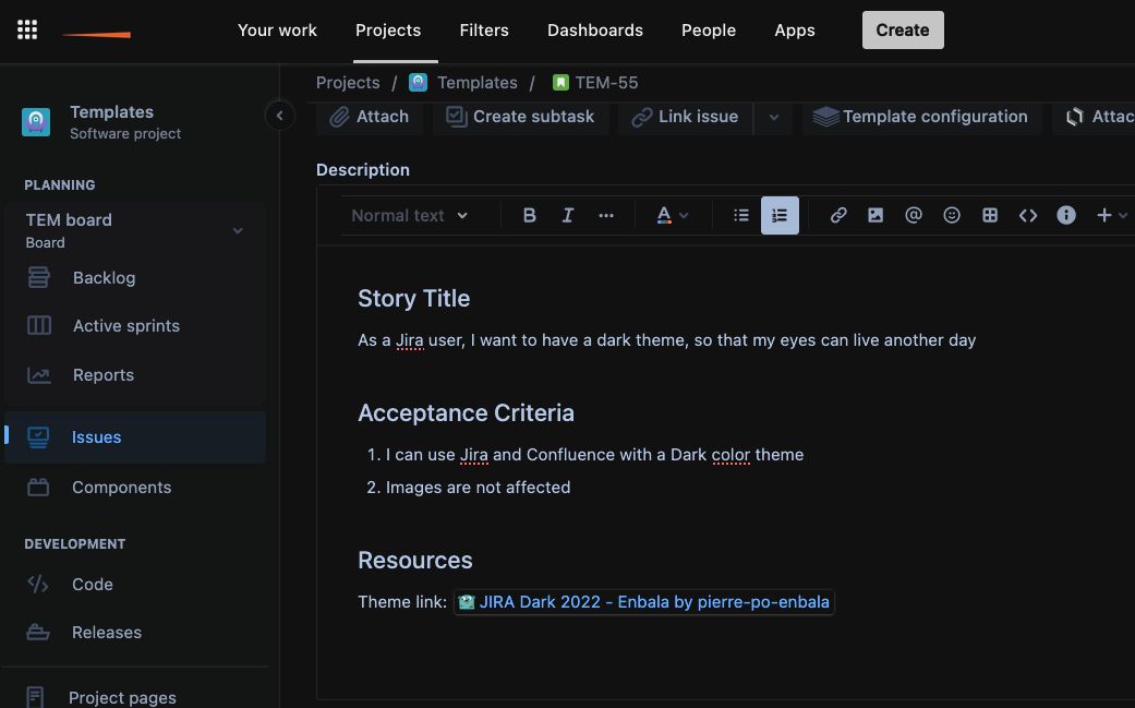 Screenshot of JIRA Dark 2022 - Enbala