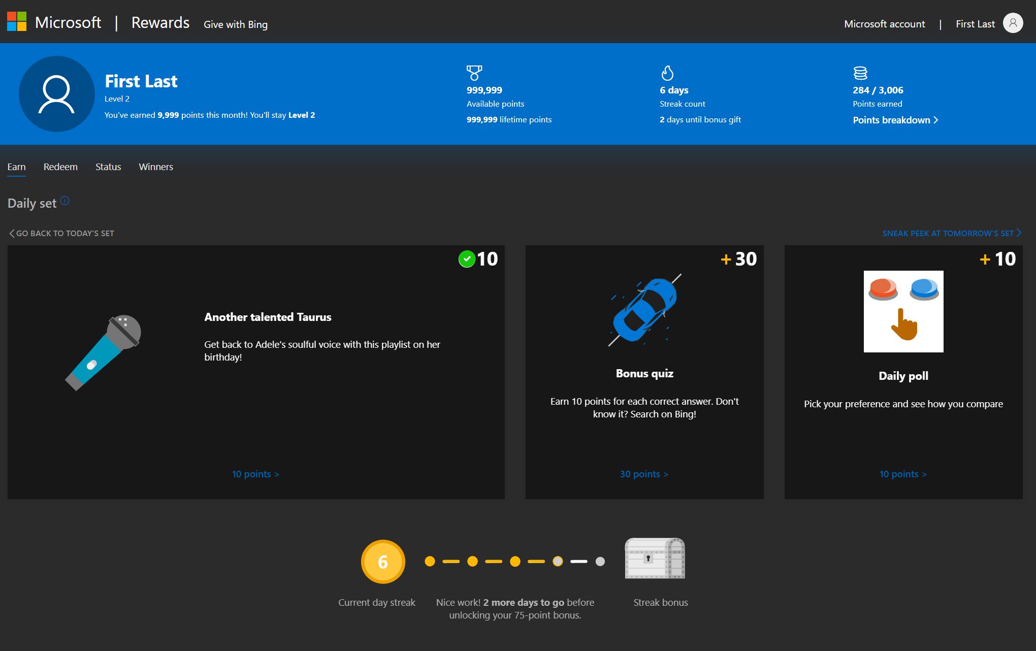 Screenshot of Bing Rewards Dark Mode by PlutoMonkey