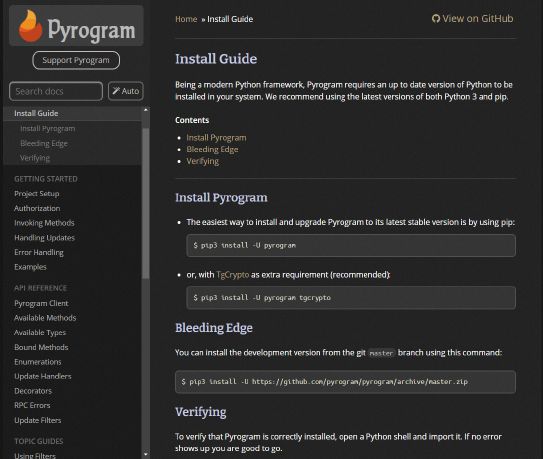 Screenshot of docs.pyrogram.org