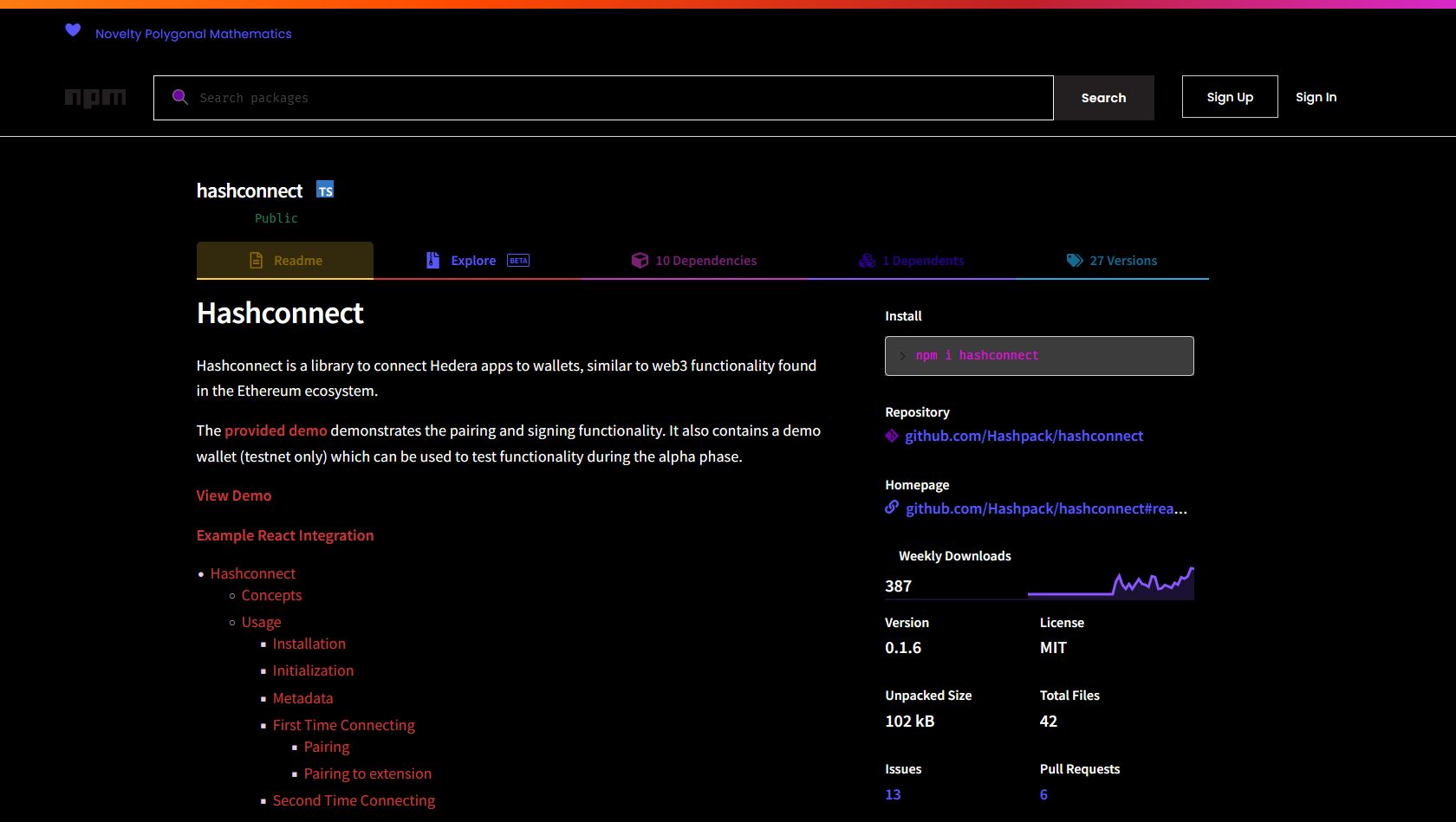 Screenshot of npmjs.com Dark Theme w Syntax Highlighting