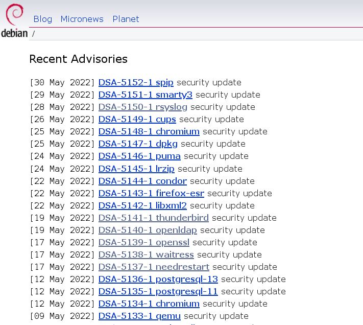 Screenshot of debian.org/security Recent Advisories