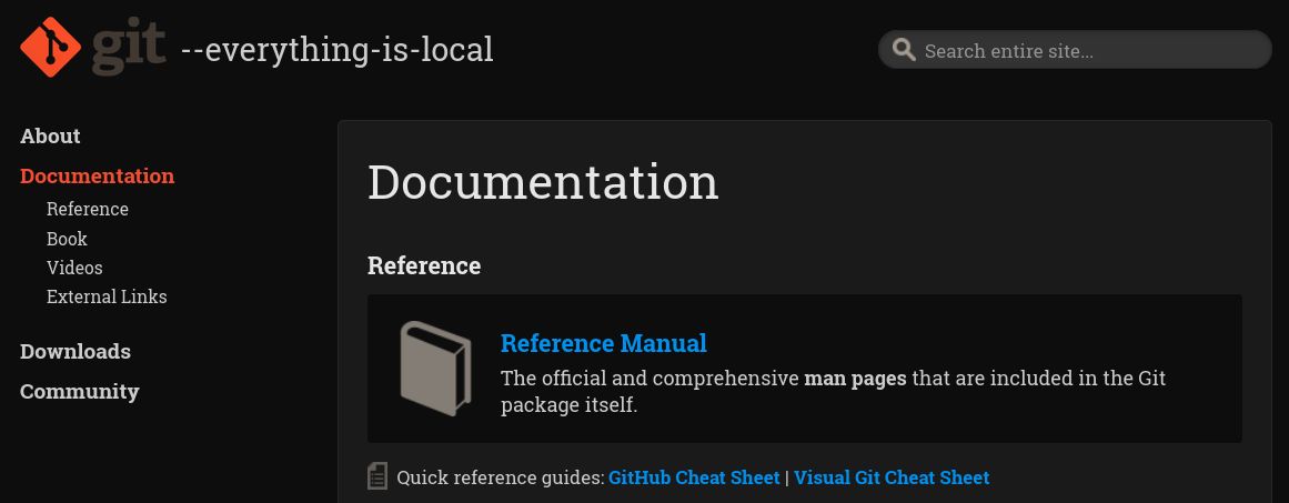 Screenshot of git-scm.com - dark theme