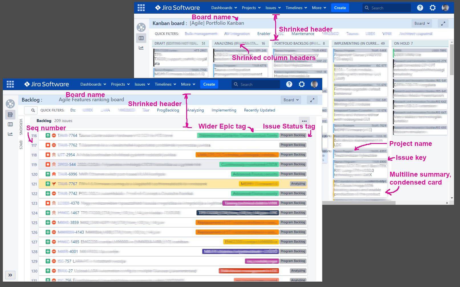 Screenshot of Jira condensed kanbanboards (lwr)