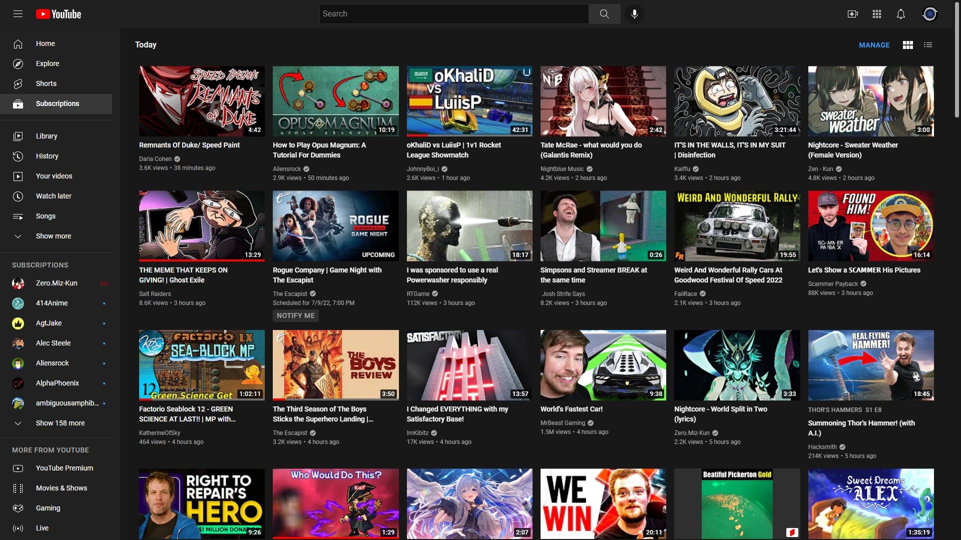 Screenshot of Youtube Subscription Grid Full Width