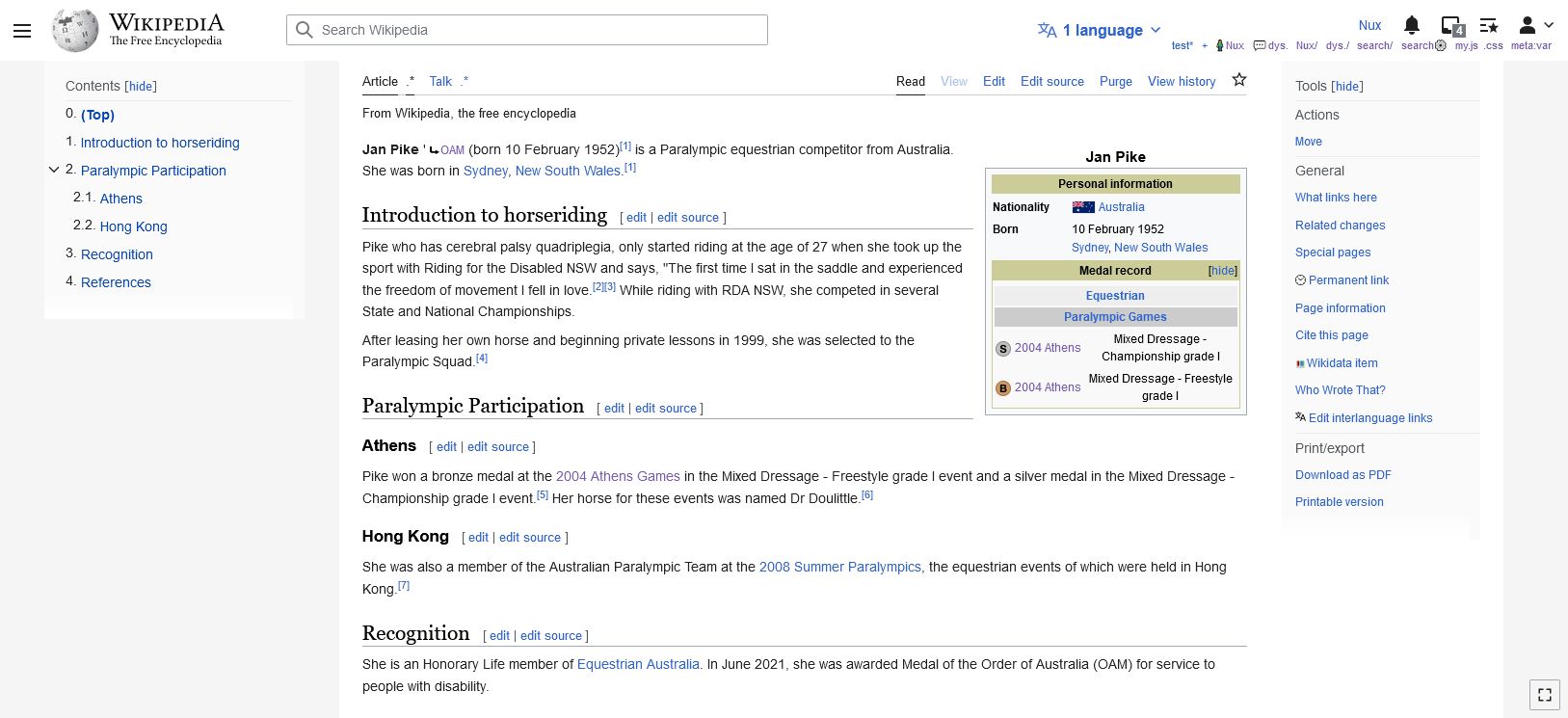 Screenshot of wikipedia: fixed top and sidebars
