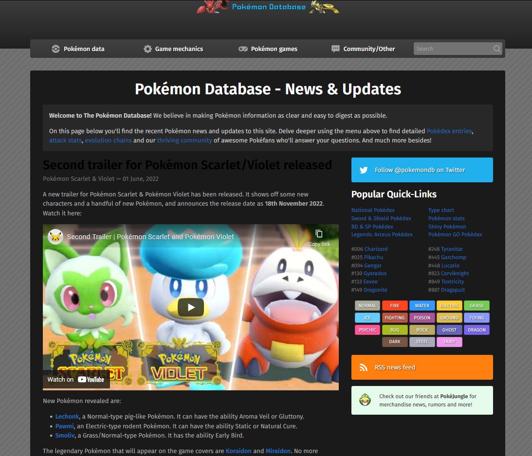 Screenshot of PokemonDB Dark Mode
