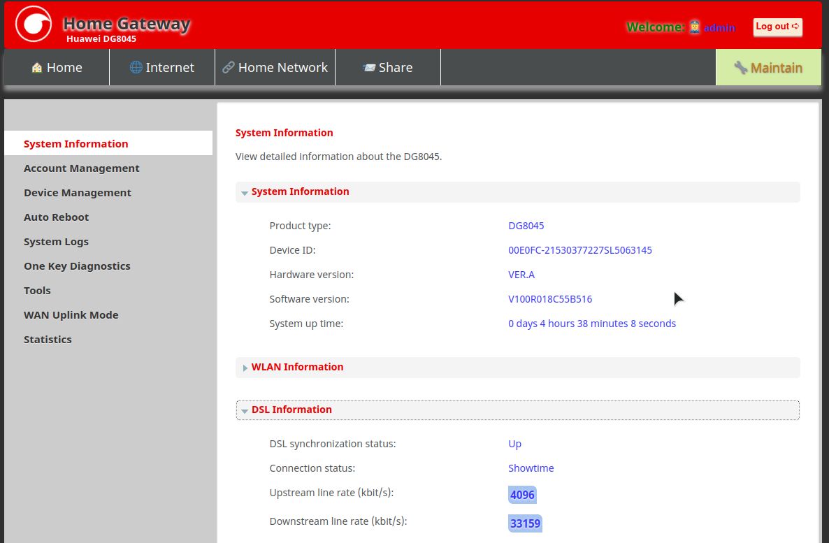 Screenshot of Home Gateway - Huawei DG8045 ADSL Router