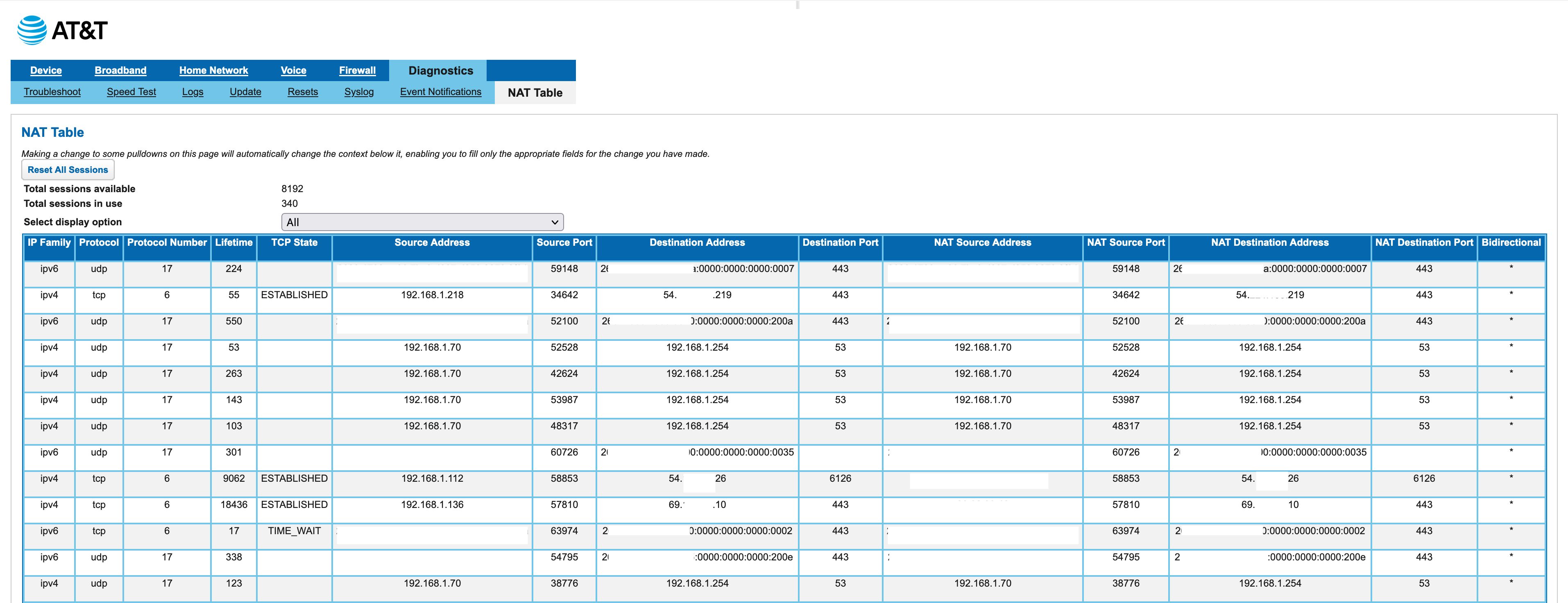 Screenshot of NAT Table Page for AT&T BGW-210 Router