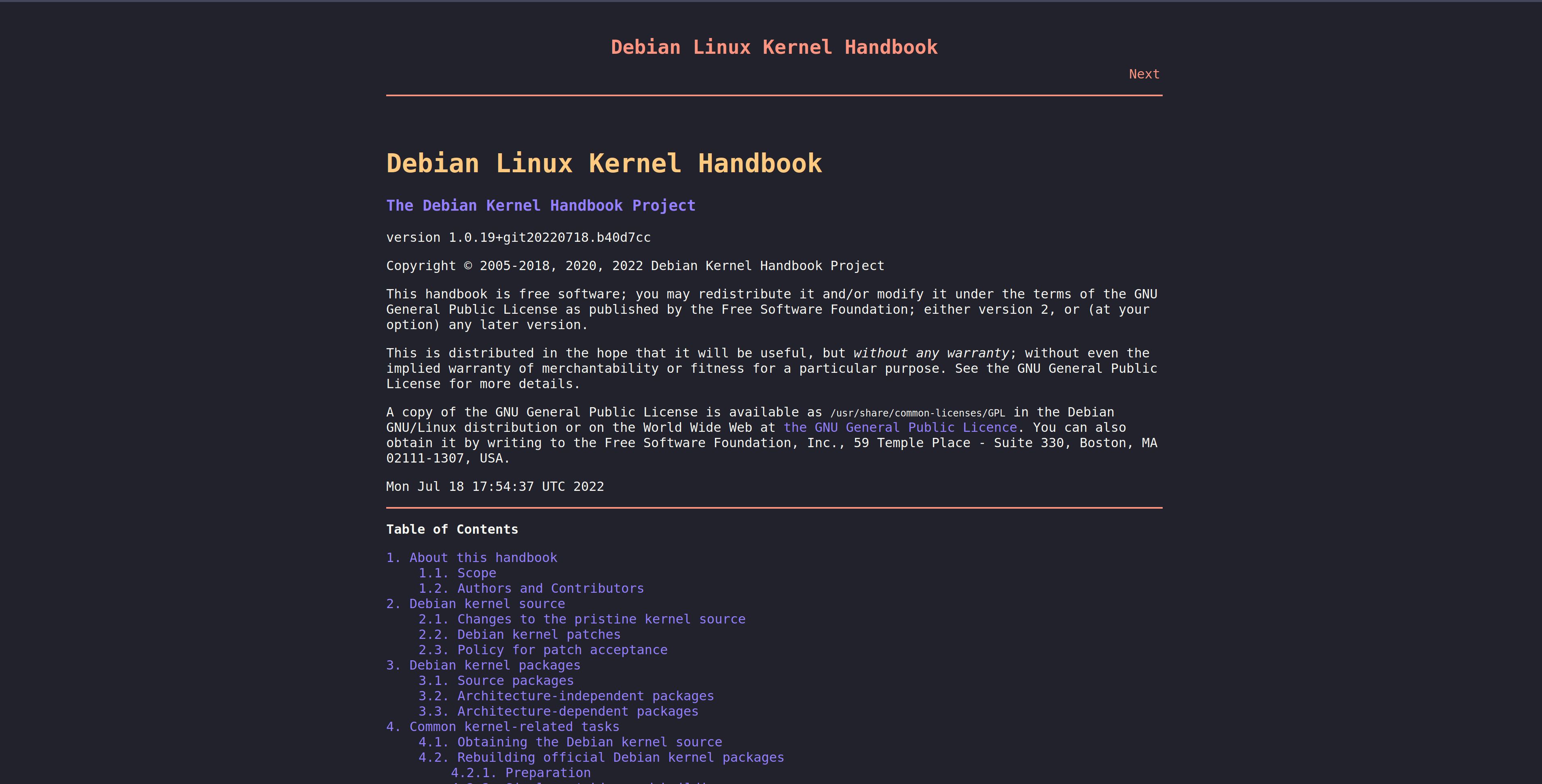 Screenshot of Debian Kernel Handbook Dracula