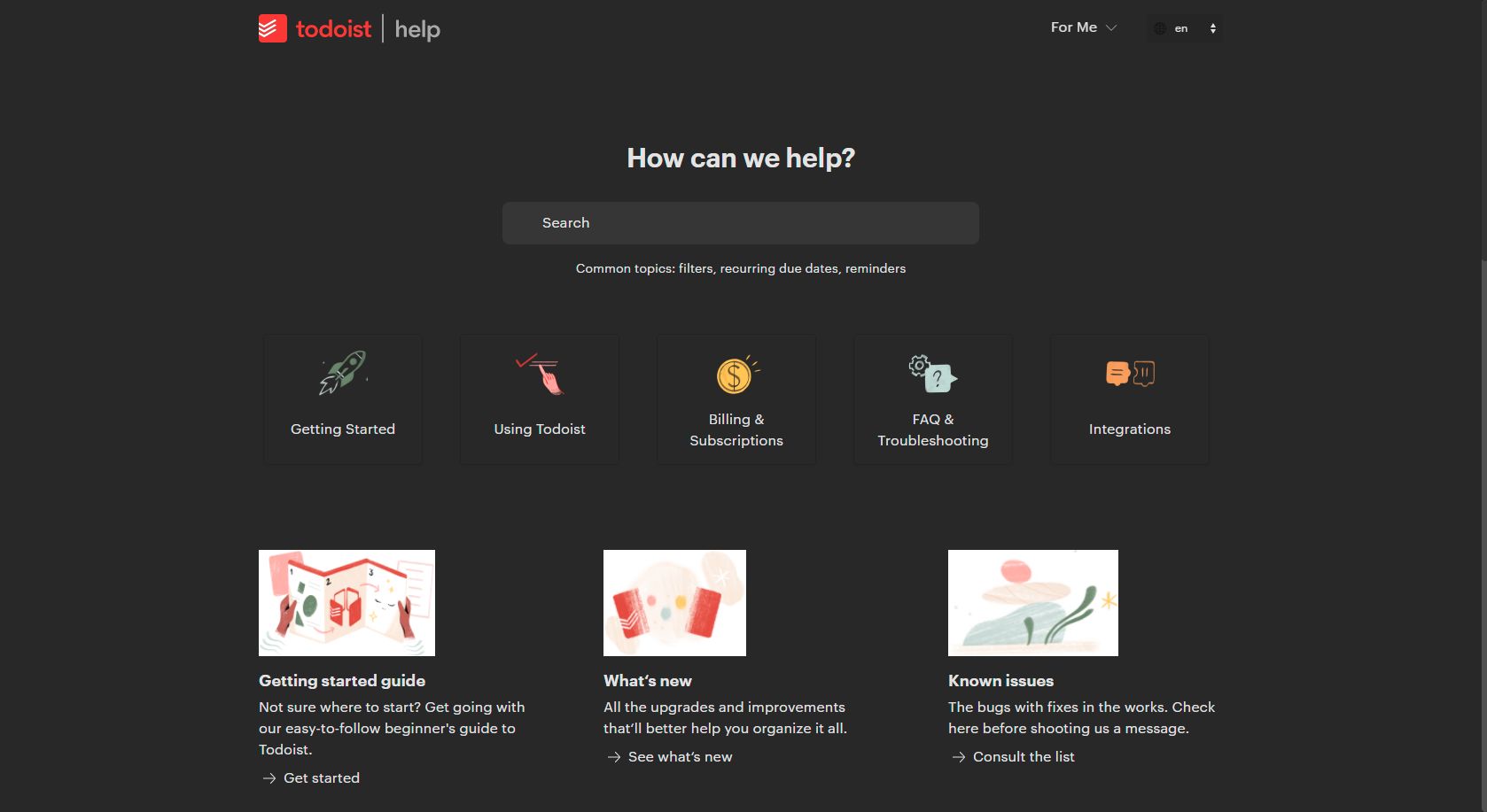 Screenshot of Dark TodoIst Help page & Wide TodoIst