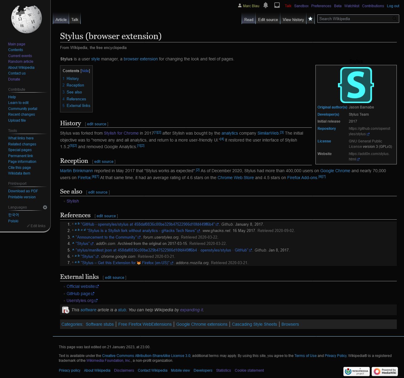 Screenshot of Wikipedia Matte Dark