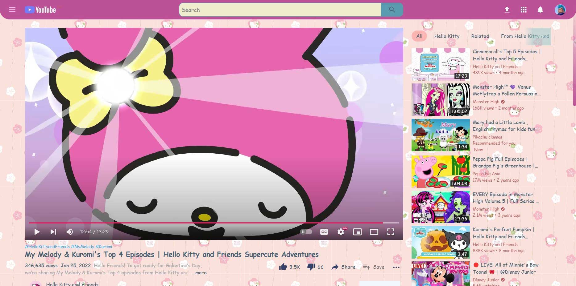 Screenshot of Youtube hello kitty