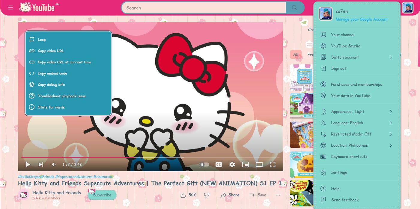 Screenshot of Youtube Hello Kitty Theme