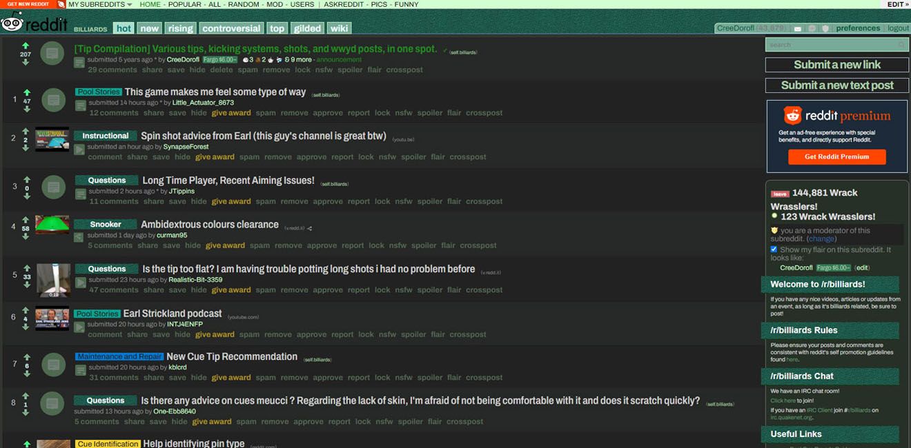 Screenshot of Reddit Billiards Sub - Dark Mode